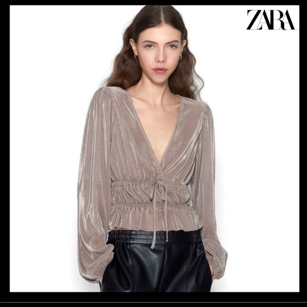 ZARA Taupe Pleated Wrap V-neck Top Large - Picture 4 of 16